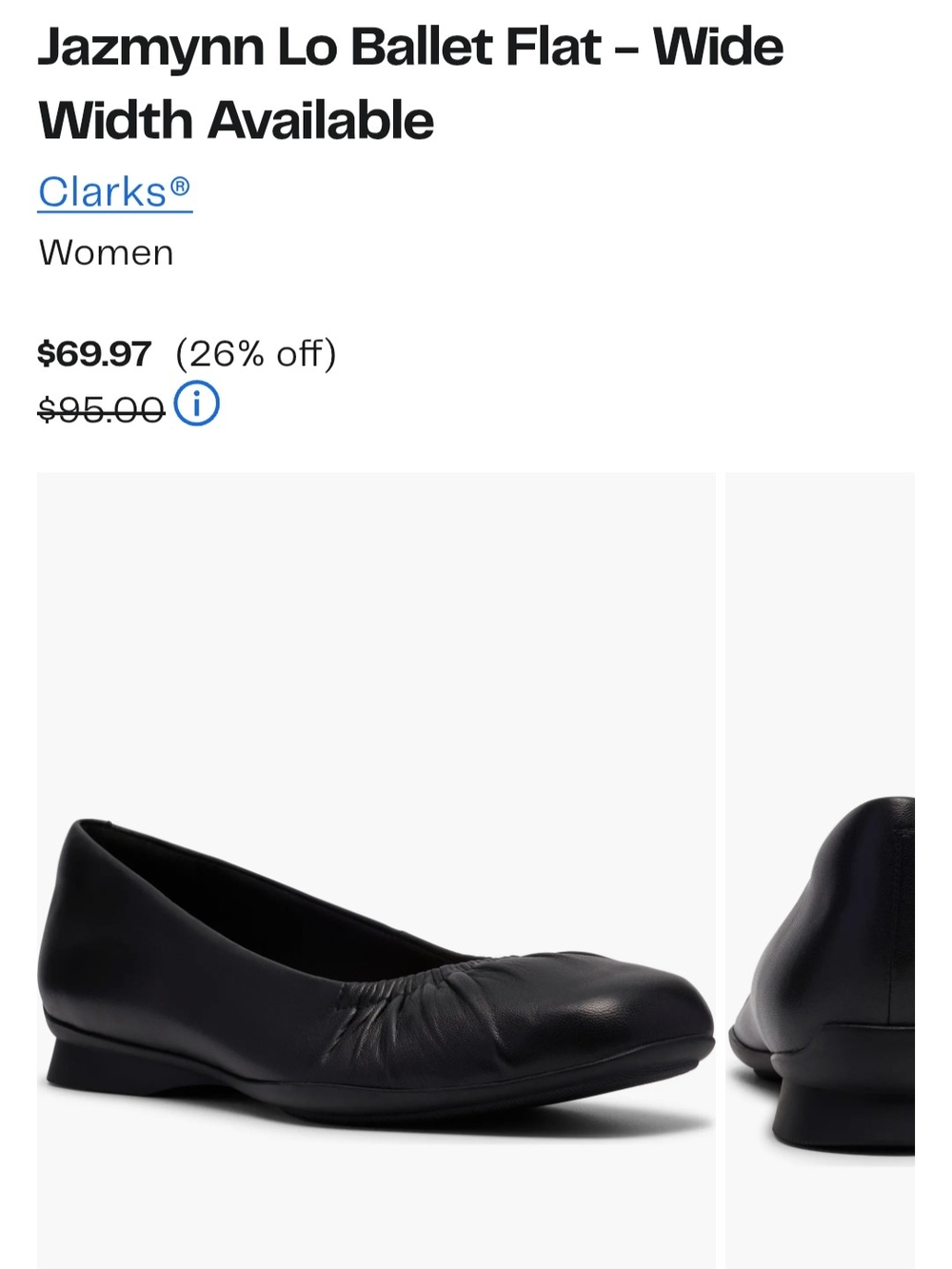Clarks Jazmynn Lo Black Leather Gathered Ballet Flats 9.5